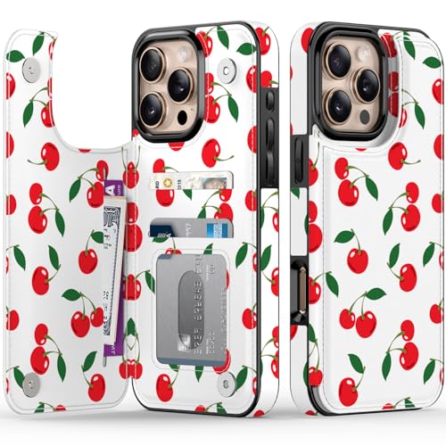 FUNMIKO Schutzhülle für iPhone 16 Pro, mit Kartenhalter, RFID-blockierend, Schutz in Militärqualität, UV-gedrucktes Kunstwerk, Magnetverschluss mit Lederständer, Saftige Kirschen von FUNMIKO