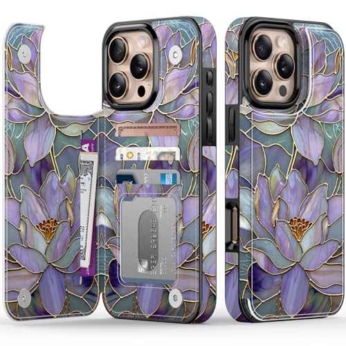 FUNMIKO Schutzhülle für iPhone 16 Pro Max mit Kartenhalter, RFID-blockierend, Schutz in Militärqualität, UV-gedrucktes Kunstwerk, Magnetverschluss mit Lederständer, Dreamy Lotus von FUNMIKO