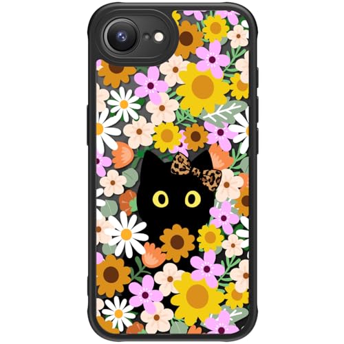 FUNMIKO iPhone 16e Hülle für iPhone 16e, Kabelloses Laden, militärischer Schutz, Wildblumen-Design für Frauen Mädchen, rutschfeste matte Abdeckung, stoßdämpfende Ecken, skurrile schwarze Katze von FUNMIKO