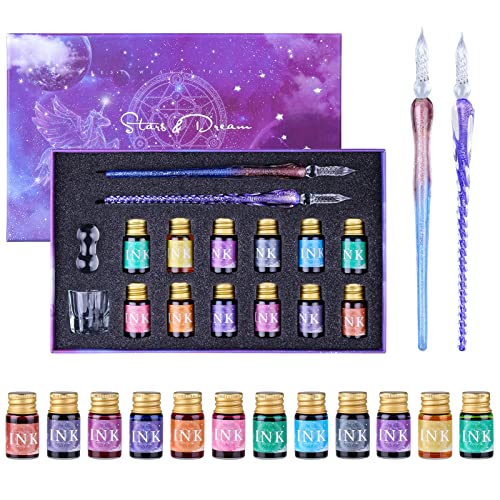 Glasfeder Kalligraphie Set - 2 Glasstifte Handmade Stifte mit 12 Bunten Tinten für Unterschriften, , Zeichnung, Dekoration, Geschenk für Anfänger und Künstler(16 Stück) von FURNIZONE