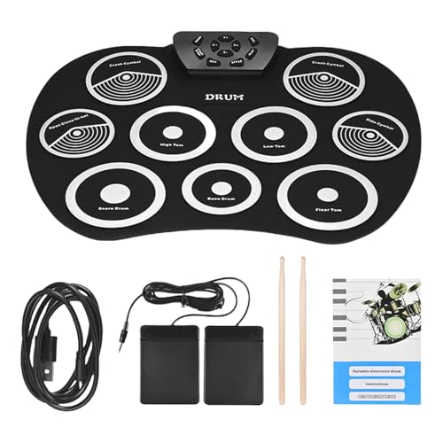 Elektronische Schlagzeug-Pads, 9 Pads, aufrollbar, Übungstrommel-Set, integrierte Lautsprecher und Kopfhörerbuchse, Drumstick und Schlagzeugpedal von FUUGlan