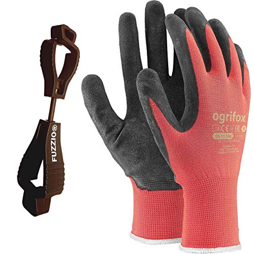 FUZZIO 24 Paar Arbeitshandschuhe Herren Gr 8, Mechaniker Handschuhe Rot, Gartenhandschuhe Herren, Arbeitshandschuhe Damen, Montagehandschuhe Herren, Latex Beschichtung mit Handschuhclip von FUZZIO