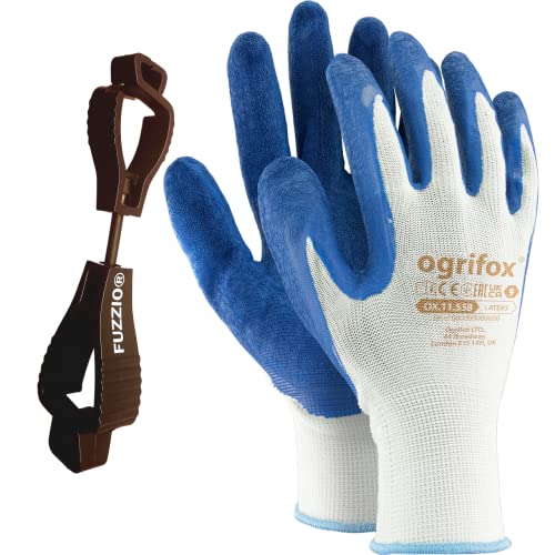 FUZZIO 24 Paar Arbeitshandschuhe Herren Gr 10, Mechaniker Handschuhe Weiß, Gartenhandschuhe Herren, Arbeitshandschuhe Damen, Montagehandschuhe Herren, Latex Beschichtung mit Handschuhclip von FUZZIO