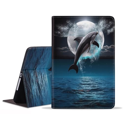 FVAENDHIO Hülle für iPad (A16) 11th Generation 11 Zoll 2025, iPad 10th Generation 10.9 Zoll 2022, Schutzhülle Lederhülle, Verstellbarer Ständer Auto Wake/Sleep Smart Case, Delphin Under The Moon von FVAENDHIO