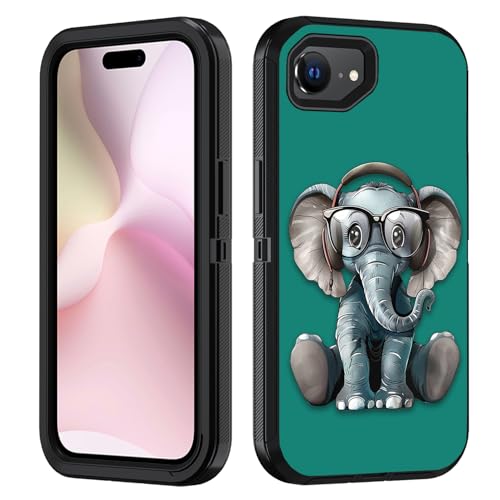 FVAENDHIO Schutzhülle für iPhone 16e, strapazierfähig, 3-in-1-Hybrid-Hülle, Militärqualität, stoßfest, Ganzkörper-Schutzhülle für iPhone 16e (2025), 15,5 cm (6,1 Zoll), Kopfhörer, Musik, Elefant von FVAENDHIO