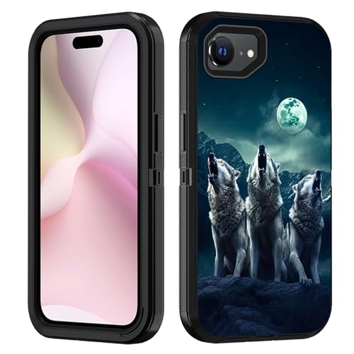 FVAENDHIO Schutzhülle für iPhone 16e, strapazierfähig, 3-in-1-Hybrid-Hülle, Militärqualität, stoßfest, Ganzkörper-Schutzhülle für iPhone 16e (2025), 15,5 cm (6,1 Zoll), Wolf, der unter dem Mond heult von FVAENDHIO