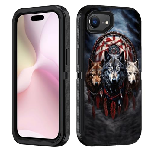 FVAENDHIO Schutzhülle für iPhone 16e, strapazierfähig, 3-in-1-Hybrid-Schutzhülle in Militärqualität, stoßfest, Ganzkörper-Schutzhülle für iPhone 16e (2025), 15,5 cm (6,1 Zoll), Traumfänger, Wolf von FVAENDHIO