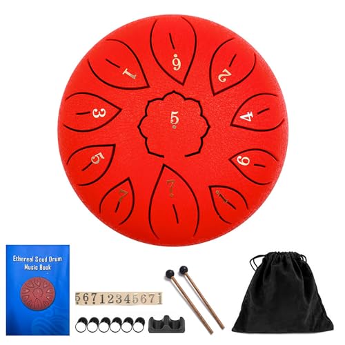 FXKJ Chakra Drum for Rain Outdoor, Zungentrommel 6 Zoll 11 Tone Pan Töne Schlaginstrument Scheibentrommel mit Schlägeln Chakra Trommel Steel Tongue Drum,Red von FXKJ