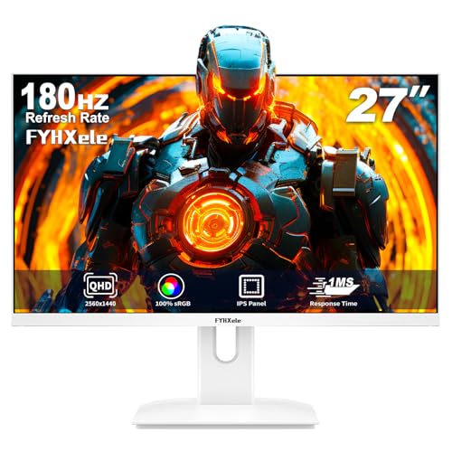 FYHXele Gaming Monitor White 27 Zoll 2K 180hz QHD (2560X1440) IPS 1ms MPRT 16:9 Weiß PC Monitor Eingebaute Lautsprecher Unterstützung 144hz/165hz/180hz AMD Freesync Premium Display DP1.4 HDMI2.0 VESA von FYHXele