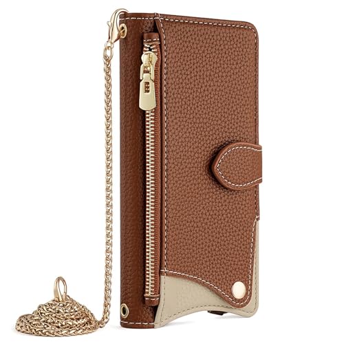 FYLTWUK Lederhülle für iPhone 16 Pro Max/16 Pro/16 Plus/16, mit verspiegelter Crossbody-Kette und Schultergurt, Schutzhülle mit Reißverschluss und Klappetui, 16 Plus,Brown FYLTWUK Lederhülle für iPhone 16 Pro Max/16 Pro/16 Plus/16, mit verspiegelter Crossbody-Kette und Schultergurt, Schutzhülle mit Reißverschluss und Klappetui, 16 Plus,Brown von FYLTWUK