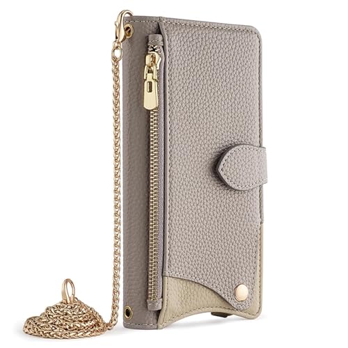 FYLTWUK Lederhülle für iPhone 16 Pro Max/16 Pro/16 Plus/16, mit verspiegelter Crossbody-Kette und Schultergurt, Schutzhülle mit Reißverschluss und Klappetui, 16 Plus,Grey FYLTWUK Lederhülle für iPhone 16 Pro Max/16 Pro/16 Plus/16, mit verspiegelter Crossbody-Kette und Schultergurt, Schutzhülle mit Reißverschluss und Klappetui, 16 Plus,Grey von FYLTWUK