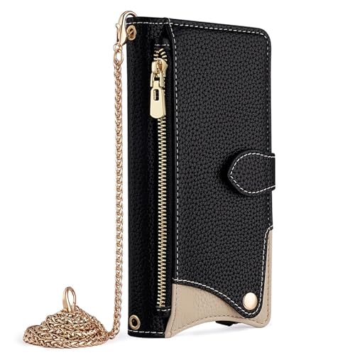 FYLTWUK Lederhülle für iPhone 16 Pro Max/16 Pro/16 Plus/16, mit verspiegelter Crossbody-Kette und Schultergurt, Schutzhülle mit Reißverschluss und Klappetui, 16 pro max,Black FYLTWUK Lederhülle für iPhone 16 Pro Max/16 Pro/16 Plus/16, mit verspiegelter Crossbody-Kette und Schultergurt, Schutzhülle mit Reißverschluss und Klappetui, 16 pro max,Black von FYLTWUK