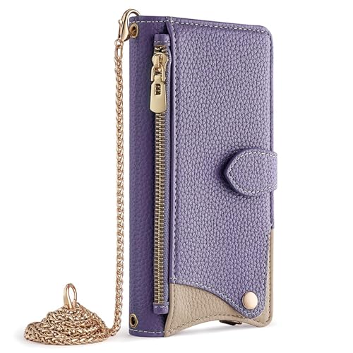 FYLTWUK Lederhülle für iPhone 16 Pro Max/16 Pro/16 Plus/16, mit verspiegelter Crossbody-Kette und Schultergurt, Schutzhülle mit Reißverschluss und Klappetui, 16 pro max,Purple FYLTWUK Lederhülle für iPhone 16 Pro Max/16 Pro/16 Plus/16, mit verspiegelter Crossbody-Kette und Schultergurt, Schutzhülle mit Reißverschluss und Klappetui, 16 pro max,Purple von FYLTWUK
