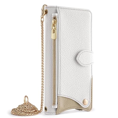 FYLTWUK Lederhülle für iPhone 16 Pro Max/16 Pro/16 Plus/16, mit verspiegelter Crossbody-Kette und Schultergurt, Schutzhülle mit Reißverschluss und Klappetui, 16 pro max,White FYLTWUK Lederhülle für iPhone 16 Pro Max/16 Pro/16 Plus/16, mit verspiegelter Crossbody-Kette und Schultergurt, Schutzhülle mit Reißverschluss und Klappetui, 16 pro max,White von FYLTWUK