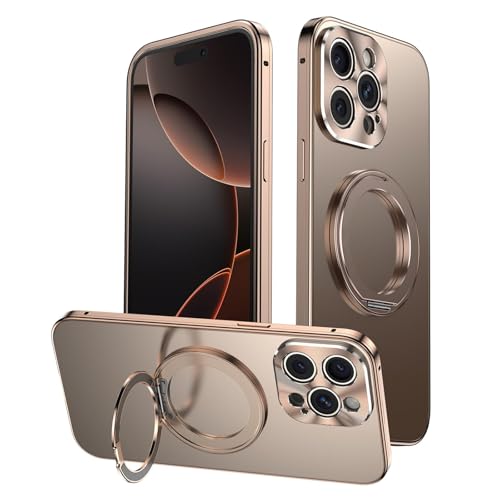 FYLTWUK Magnetische Hülle für iPhone 16 Pro Max, unterstützt kabelloses Laden, Fallschutzabdeckung, Verstellbarer Metallständer, Telefonhülle,Gold von FYLTWUK