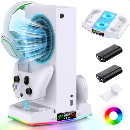 FYOUNG Ladestation für Xbox Series S Konsole, Upgrade Vertikaler Controller Ladestation Zubehör mit 15 RGB Licht, Kühler Lüftersystem, 2X 1400mAh wiederaufladbare Batterie, Headset Halter von FYOUNG