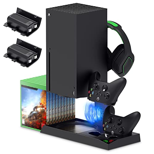 FYOUNG Ständer für Xbox Series X mit Lüfter Kühler und Controller Ladestation, Kühlständer und 1400mAh Wiederaufladbarem Akku Zubehör für Xbox Series X(Nicht Kompatibel mit Xbox One) von FYOUNG