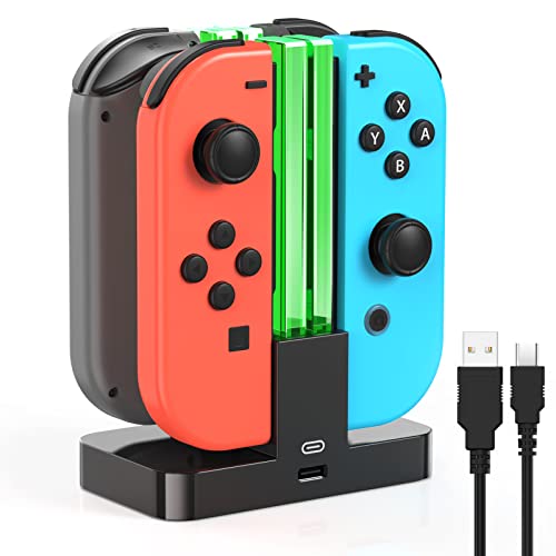 FYOUNG Switch Controller Ladestation Kompatibel mit Nintendo Switch/Switch OLED Modell Joy Con, Quad Switch Ladestation Zubehör Charger für Joycon Kontroller Ladegerät mit USB C Ladekabel - Schwarz von FYOUNG