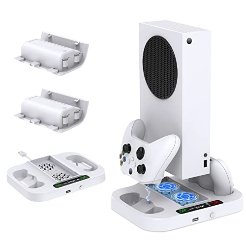 FYOUNG Vertikaler Kühler Ständer für Xbox Series S mit Controller Ladestation und Akkus Zubehör, Standfuß mit Lüfter und 2er Pack 1400mAh Wiederaufladbarer Akkus für Xbox Series S von FYOUNG