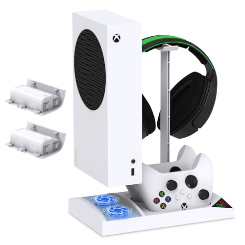 FYOUNG Vertikaler Kühlständer mit Controller Ladestation und Akku für Xbox Serie S Zubehör, Ladestation mit lüfter und 2x1400mAh Wiederaufladbarer Akku und Headset Halter - Weiß von FYOUNG