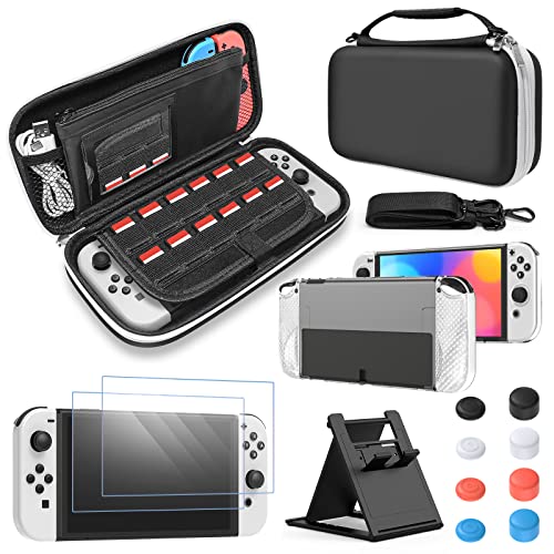 FYOUNG Zubehör Bundle Kompatibel mit Nintendo Switch OLED-Modell mit Tragetasche und Schutzhülle Tragbarer Tasche für Switch OLED & Hülle & Displayschutz & Joystick Kappen - Schwarz von FYOUNG