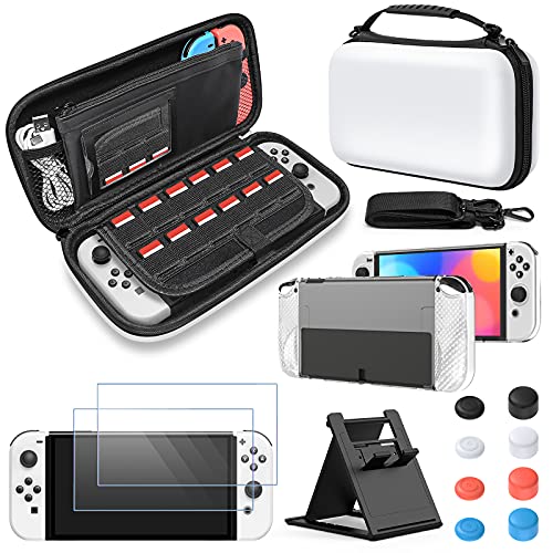 FYOUNG Zubehör Bundle Kompatibel mit Nintendo Switch OLED-Modell mit Tragetasche und Schutzhülle Tragbarer Tasche für Switch OLED & Hülle & Displayschutz & Joystick Kappen - Weiß von FYOUNG