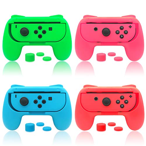 Griffe Halterung für Joy Con Switch & Switch OLED-Modell mit Daumen Griffkappen, (4 Pack) Gummioberfläche Joy Controller Grip Halter mit Joystick Kappen Zubehör - Blau/Rot/Rosa/Grün von FYOUNG