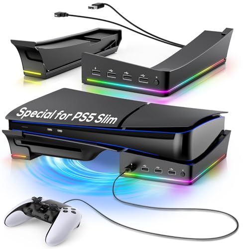 Horizontaler Ständer mit RGB-Licht für PS5 Slim, Laydown-Basishalterung für Playstation 5 Slim Disc/Digital Edition mit 14 bunten Lichtern und 4 USB-Anschlüssen, stabile Halterung für PS5 Slim von FYOUNG