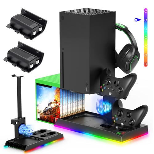 FYOUNG Vertikaler Ständer für Xbox Serie X mit Kühlventilator& RGB LED Lichtern, Ladestation mit Controller Ladegerät Dock &Game Storage Rack Organizer& Headset Stand mit 2 wiederaufladbarer Batterie von FYOUNG