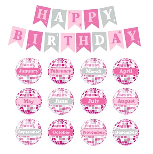 FYSUIMU Pinnwand-Set "Happy Birthday", rosa Discokugel-Kalender, Poster, Disco-Thema, Klassenzimmer, Geburtstag, Diagramm für Schulanfang, Dekoration, 24-teilig FYSUIMU Pinnwand-Set "Happy Birthday", rosa Discokugel-Kalender, Poster, Disco-Thema, Klassenzimmer, Geburtstag, Diagramm für Schulanfang, Dekoration, 24-teilig von FYSUIMU