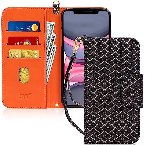 FYY 15,5 cm (6,1 Zoll), Standfunktion, luxuriöses PU-Leder, Brieftaschenformat, mit Kartenfächern und Geldscheinfächern, für Apple iPhone 11 15,5 cm (6,1 Zoll), Fischschuppen-Muster, Schwarz von FYY