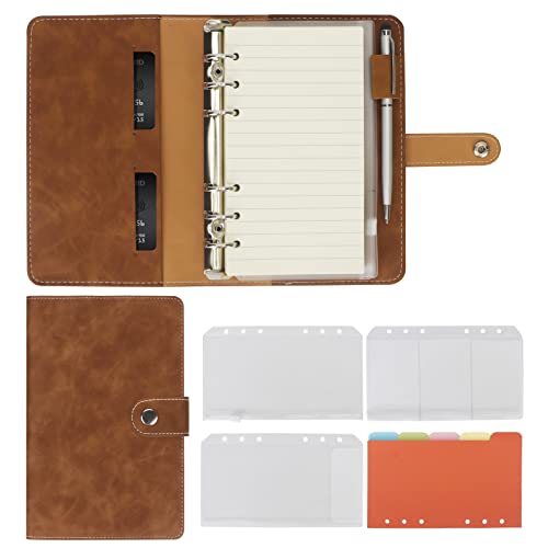 FYY Leder A6 Ringbuch Notizbuch, 6 Ring A6 Binder mit A6 Nachfüllpapieren, Bindertaschen und Betreff-Trennblättern, Papierblatt, Reisebinder, Tagebuch, persönlicher Planer mit Ringbuch, Braun von FYY