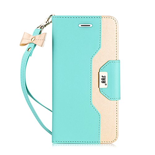 FYY Lederhülle mit Spiegel für iPhone 6S Plus/iPhone 6 Plus, Leder Wallet Flip Folio Case mit Spiegel und Handschlaufe für iPhone 6S Plus/6 Plus Mintgrün von FYY