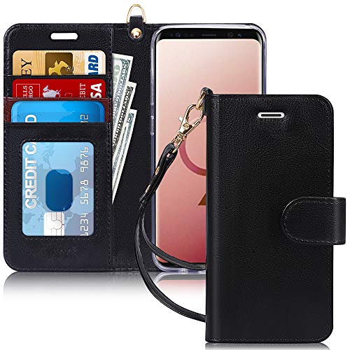 FYY Luxus PU Leder Wallet Case für Samsung Galaxy S9, [Kickstand Funktion] Flip Phone Case Schutzhülle mit [Kartenhalter] [Handgelenkschlaufe] für Samsung Galaxy S9 Schwarz von FYY
