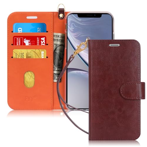 FYY Luxus PU Leder Wallet Case für iPhone XR, [Kickstand Funktion] Flip Phone Case Folio Schutzhülle Stoßfest Cover mit [Kartenhalter] [Handgelenkschlaufe] für Apple iPhone XR 6,1 Zoll 2018 Braun von FYY