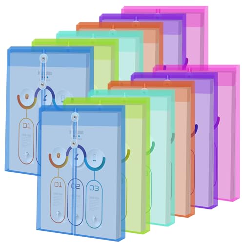 FYY Plastikumschläge A4 Größe mit Knopf und Schnur Krawatte Verschluss, klare erweiterbare Umschläge Datei Dokumente Ordner Projektpapier Organizer für Büro Schule Zuhause Verschiedene Farbe 12-Pack von FYY