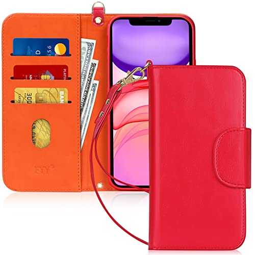 FYY Schutzhülle für iPhone 11 15,5 cm (6,1 Zoll), Standfunktion, luxuriös, PU-Leder, Brieftaschenformat, mit Kartenfächern und scheinfächern, Rot von FYY