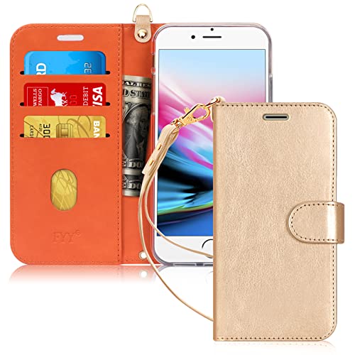 FYY für iPhone 8 Plus/7 Plus, [Ständerfunktion] Luxus PU-Leder Brieftasche Handyhülle Flip Folio Schutzhülle mit [Kartenhalter] [Handgelenkschlaufe] 7 Plus/8 Plus (5,5 Zoll) Gold von FYY