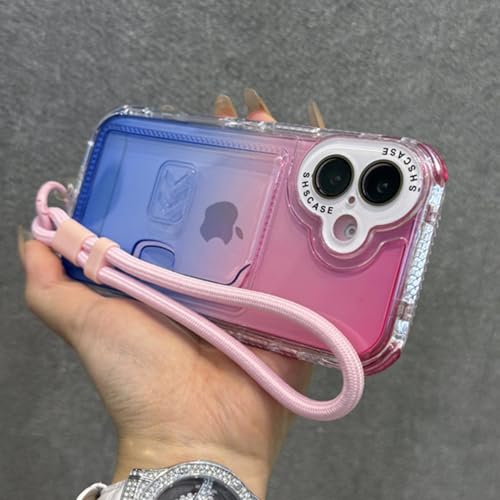 FYYFTYT Kartenhalter mit Farbverlaufsschlitz, Handschlaufe, Lanyard, Kissen, Stoßfänger, Schutzhülle (für iPhone 13/Pink Blue) von FYYFTYT