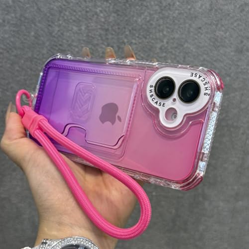FYYFTYT Kartenhalter mit Farbverlaufsschlitz, Handschlaufe, Lanyard, Kissen, Stoßfänger, Schutzhülle (für iPhone 14 Pro Max/Pink Purple) von FYYFTYT