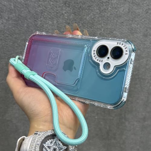FYYFTYT Kartenhalter mit Farbverlaufsschlitz, Handschlaufe, Lanyard, Kissen, Stoßfänger, Schutzhülle (für iPhone 16 Plus/Himmelblau/Pink) von FYYFTYT