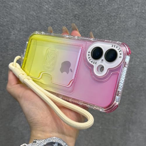 FYYFTYT Kartenhalter mit Farbverlaufsschlitz, Handschlaufe, Lanyard, Kissen, Stoßfänger, Schutzhülle (für iPhone 16 Plus/Pink Gelb) von FYYFTYT