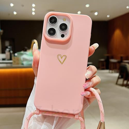 FYYFTYT Lanyard Flüssigsilikon Love Heart Weiches Crossbody-Halsband Stoßfeste Hülle (für iPhone 14 Plus/Pink) von FYYFTYT