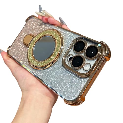 FYYFTYT Luxuriöse magnetische Rüstung mit Glitzerspiegel, Ständer, Halterung, Beschichtung, Stoßstangen-Schutzhülle (für iPhone 13 Pro/Gold) von FYYFTYT