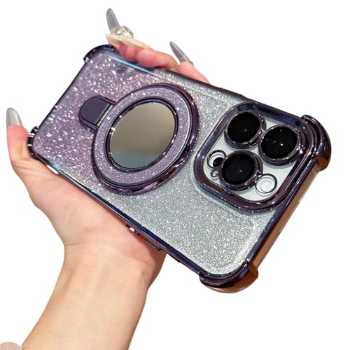 FYYFTYT Luxuriöse magnetische Rüstung mit Glitzerspiegel, Ständer, Halterung, Beschichtung, Stoßstangen-Schutzhülle (für iPhone 15 Plus/Lila) von FYYFTYT
