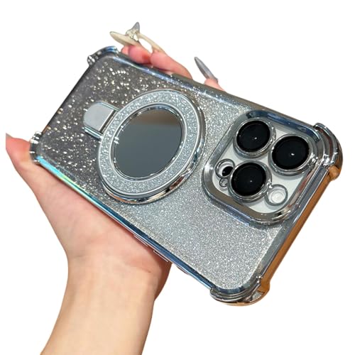 FYYFTYT Luxuriöse magnetische Rüstung mit Glitzerspiegel, Ständer, Halterung, Beschichtung, Stoßstangen-Schutzhülle (für iPhone 15 Plus/Silber) von FYYFTYT