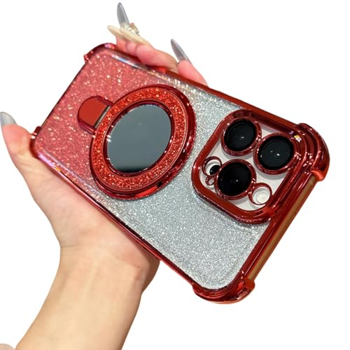 FYYFTYT Luxuriöse magnetische Rüstung mit Glitzerspiegel, Ständer, Halterung, Beschichtung, Stoßstangen-Schutzhülle (für iPhone 16 Plus/Rot) von FYYFTYT