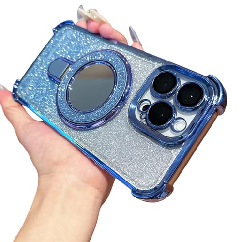 FYYFTYT Luxuriöse magnetische Rüstung mit Glitzerspiegel, Ständer, Halterung, Beschichtung, Stoßstangen-Schutzhülle (für iPhone 16 Pro Max/Blau) von FYYFTYT
