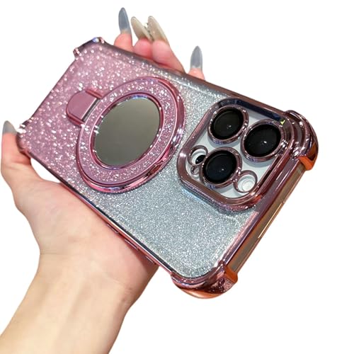 FYYFTYT Luxuriöse magnetische Rüstung mit Glitzerspiegel, Ständer, Halterung, Beschichtung, Stoßstangen-Schutzhülle (für iPhone 16 Pro Max/Pink) von FYYFTYT