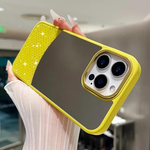 FYYFTYT Luxuriöser Schminkspiegel, Glitzer-Diamanten, Blitz-Strass, stoßfeste Schutzhülle (für iPhone 14 Plus/Gelb) von FYYFTYT